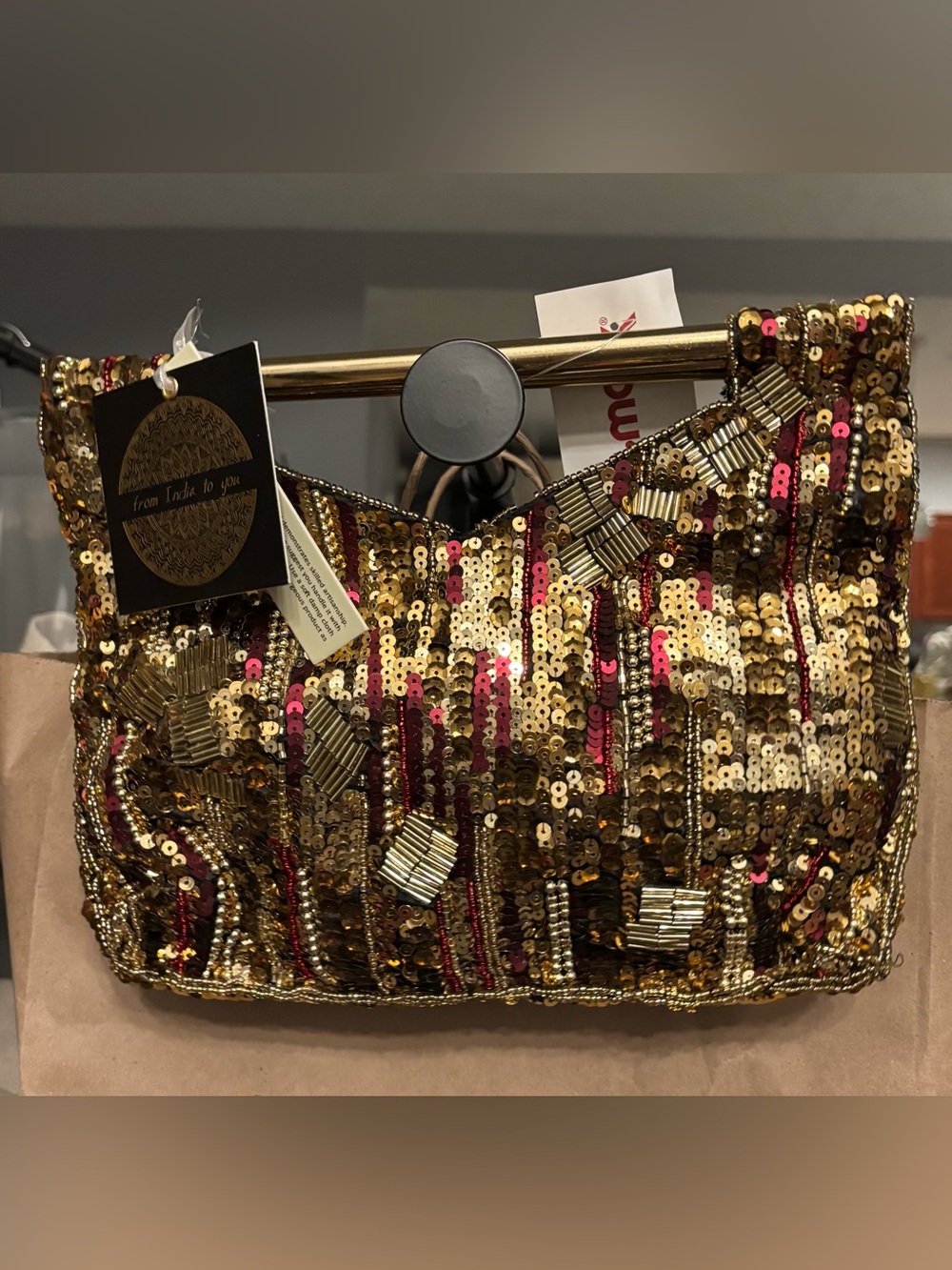 Sequin Embellished Evening Bag - Gold with Pink Accents